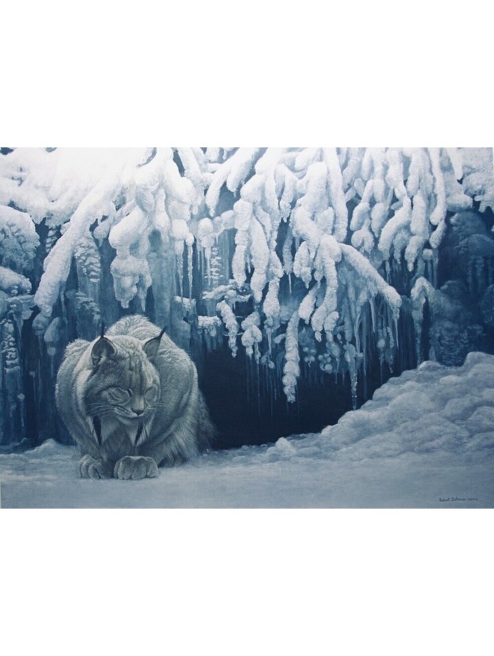 Robert Bateman Signed Print Dozing Lynx Custom Framed Gold Trim Wildlife 1987